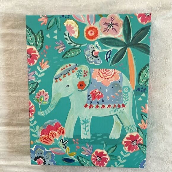 Art Bohemian Elephant 11” X 14” Stretched Canvas Textured Flowers - Picture 1 of 9